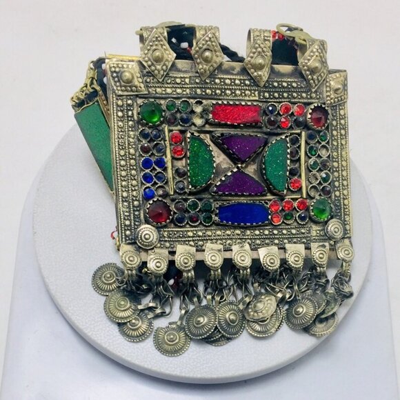 Blue and Green Long Chain Pendant Necklace, Kuchi Big Antique Pendant - Picture 8 of 9